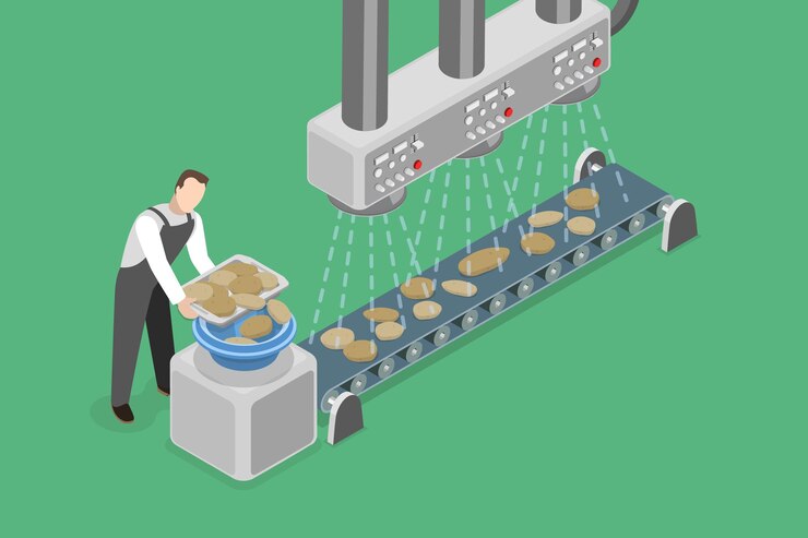 Vector ilustración de vector plano isométrico 3d del proceso de fabricación de papas fritas