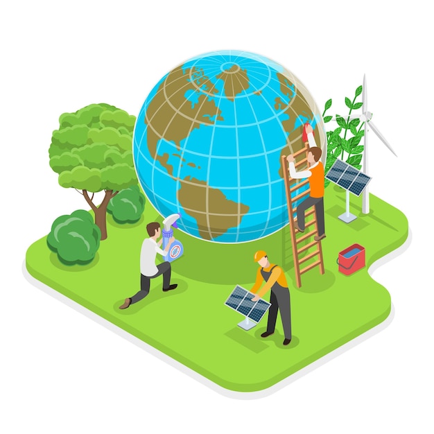 Ilustración de vector plano isométrico 3D de la reducción de la huella de carbono