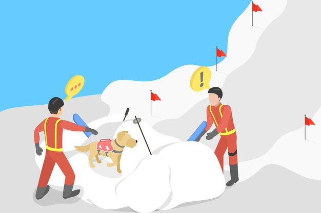 Ilustración de vector plano isométrico 3d de rescatistas de avalanchas excavando a una persona de la nieve
