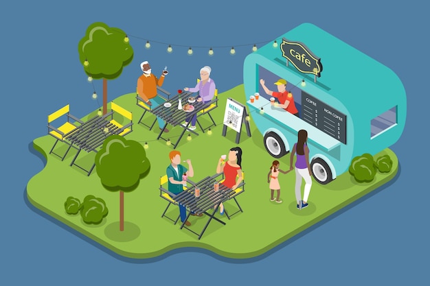 Ilustración de vector plano isométrico 3D de un restaurante de comida callejera