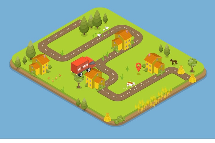 Vector ilustración de vector plano isométrico 3d del servicio de entrega en el área rural
