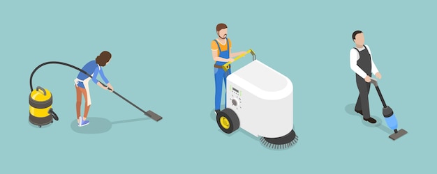Ilustración de vector plano isométrico 3D del servicio de limpieza