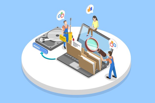 Ilustración de vector plano isométrico 3D del servicio de recuperación de datos