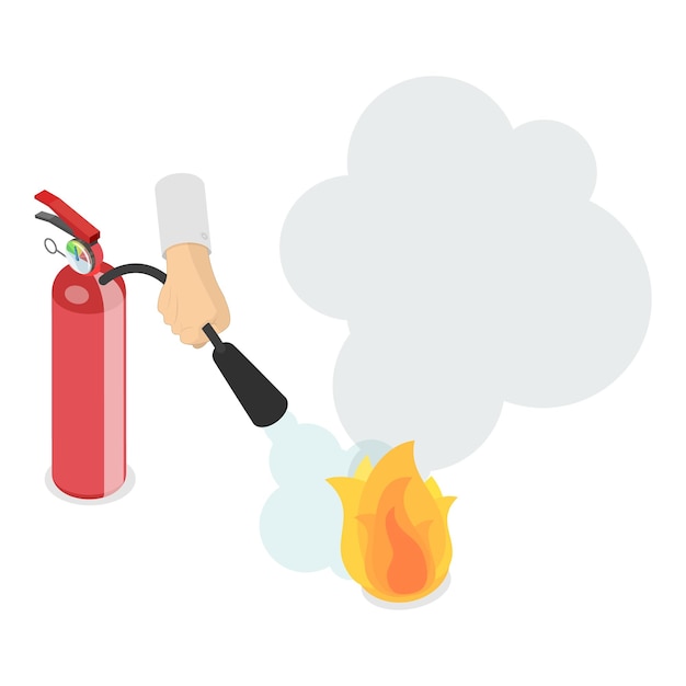 Ilustración de vector plano isométrico 3d del uso del extintor de incendios infografías instrucciones de emergencia