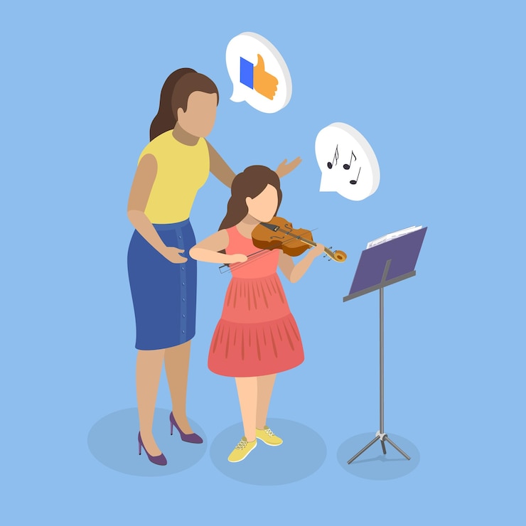 Vector ilustración de vector plano isométrico 3d de un violín aprendiendo a tocar un instrumento místico