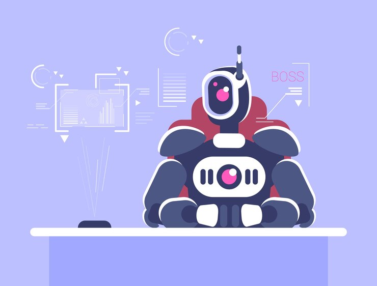 Vector ilustración de vector plano de jefe robótico. ceo, ejecutivo con personaje de dibujos animados aislado de inteligencia artificial. automatización empresarial, concepto de revolución robótica. gerente superior de ia, líder de equipo, empresario