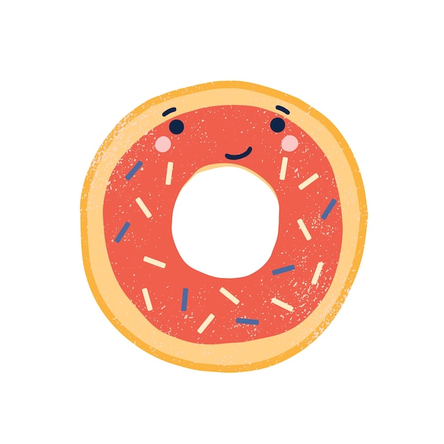 Ilustración de vector plano lindo donut. Adorable personaje de dibujos animados de donut sonriente. Pastelería deliciosa, postre dulce con cara. Donut glaseado divertido con chispitas aislado sobre fondo blanco.