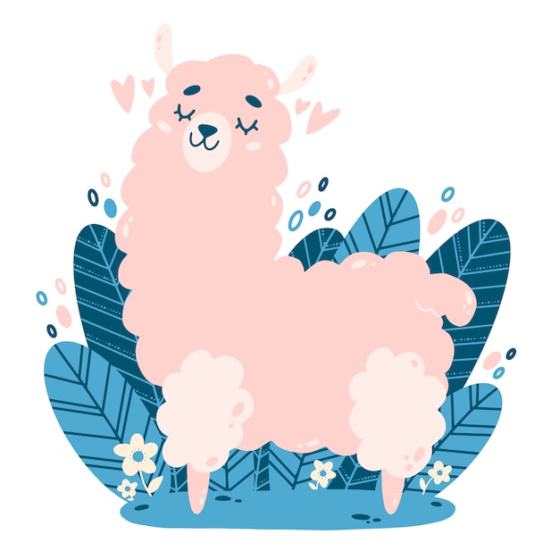 Ilustración de vector plano de llama rosa de dibujos animados lindo. Ilustración de color de una llama en estilo doodle.