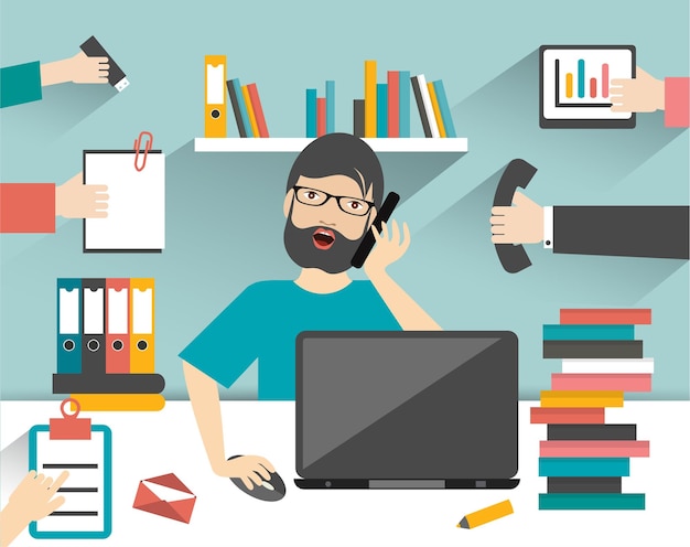 Ilustración de vector plano de lugar de trabajo de hombre de negocios de trabajo duro