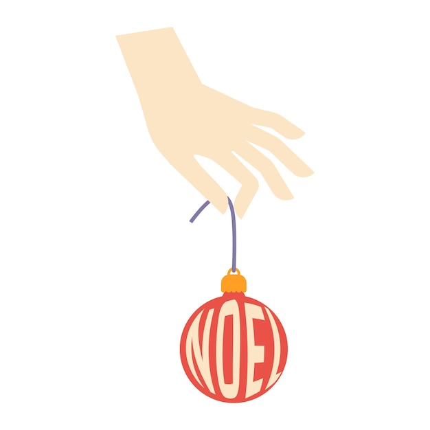 Ilustración de vector plano de mano humana sosteniendo Christmas Ball Palm con elemento festivo de juguete de Año Nuevo con texto de Noel