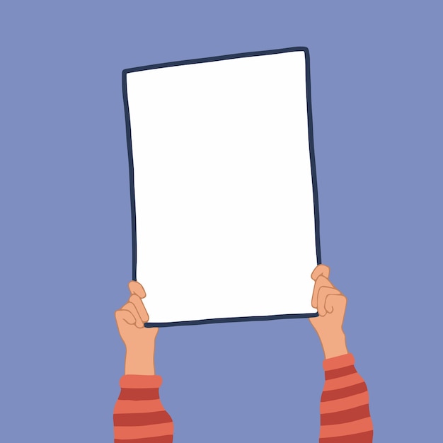 Ilustración de vector plano de mano de mujer sosteniendo cartel en blanco diseño de maqueta de fotografía dibujada a mano