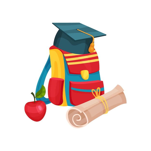 Ilustración de vector plano de mochila colorida sombrero de graduación manzana roja y papel enrollado Regreso a la escuela