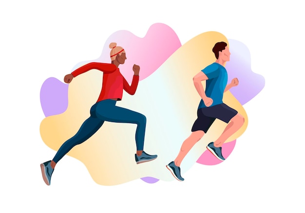 Vector ilustración de vector plano moderno de correr hombres y mujeres en los deportes.