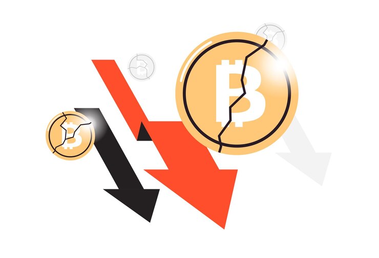 Vector ilustración de vector plano de moneda y flecha hacia abajo de criptomoneda