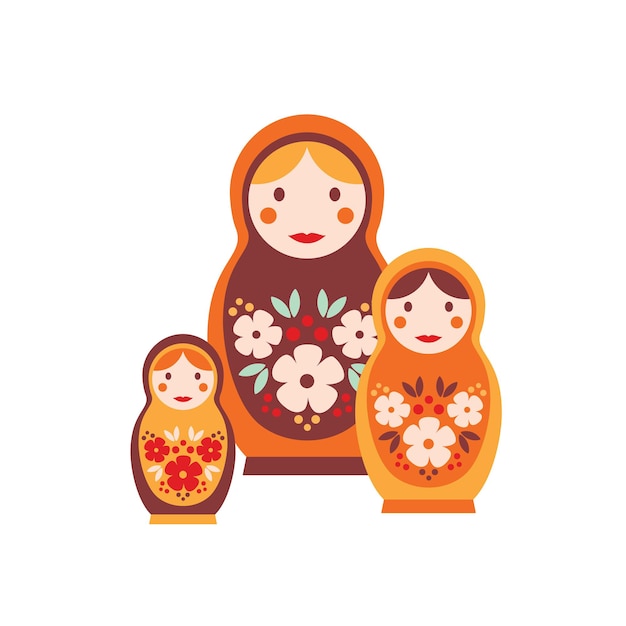 Ilustración de vector plano de muñeca de anidación. Matrioshka colorido, aislado sobre fondo blanco. Muñecos de madera de tamaño decreciente colocados unos dentro de otros. Juguete tradicional ruso para niños.
