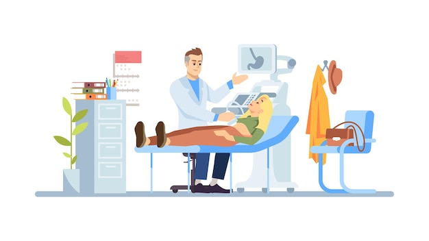Ilustración de vector plano de niña examen de gastroenterólogo. Médico, paciente personajes de dibujos animados aislados sobre fondo blanco. Ultrasonido abdominal. Dolor de estómago, enfermedad. Chequeo médico, asistencia sanitaria