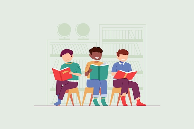 Ilustración de vector plano de niños leyendo un libro