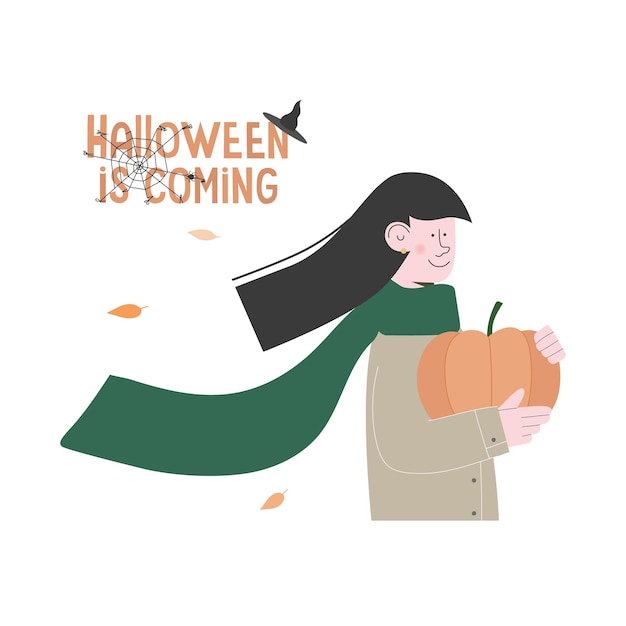 Ilustración de vector plano otoño con chica que trae calabaza. se acerca halloween con letras con estilo.