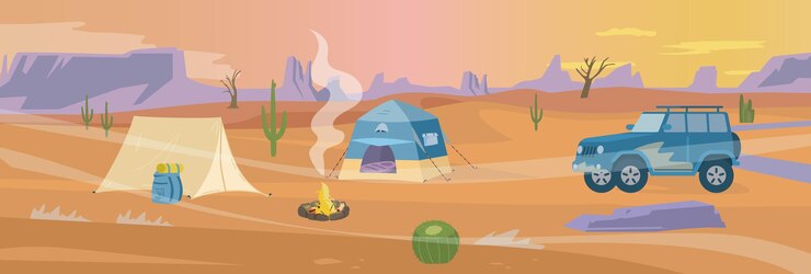 Vector ilustración de vector plano de panorama de campamento del desierto. tiendas de campaña y coche cerca de la fogata.