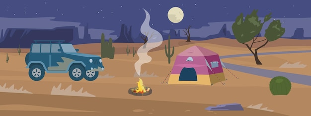 Ilustración de vector plano de panorama de campamento de noche del desierto. tienda y coche todoterreno cerca de la fogata.