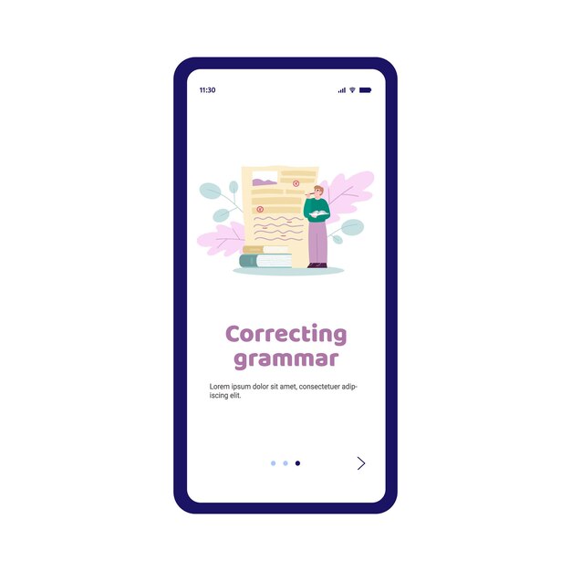 Ilustración de vector plano de la pantalla de la aplicación del editor de hechizos y corrección gramatical