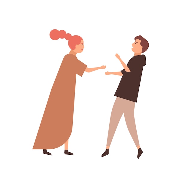 Ilustración de vector plano de pareja joven. Conflicto familiar, pareja en disputa, marido y mujer en disputa. Problemas de relación, falta de comprensión del concepto. Lucha contra personajes de dibujos animados de hombre y mujer.