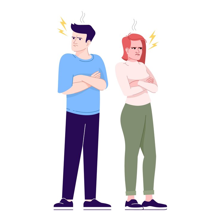 Vector ilustración de vector plano de pelea de pareja. crisis de relación. hombre y mujer enojados y ofendidos después de la pelea pelean personajes de dibujos animados aislados con elementos de contorno sobre fondo blanco.