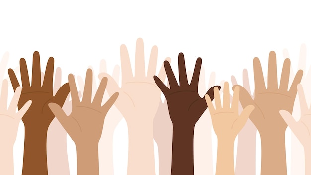 Vector ilustración de vector plano de personas con diferentes colores de piel levantando sus manos borde sin costuras