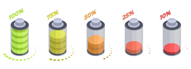 Ilustración de vector plano de proceso de carga de acumulador de etapas de carga de batería 3D isométrica en blanco