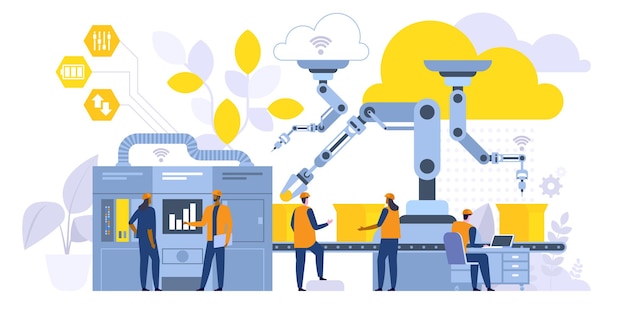 Ilustración de vector plano de proceso de fabricación. Trabajadores de la fábrica, ingeniero que trabaja con personajes de dibujos animados de computadora. Maquinaria robótica de alta tecnología. Industria inteligente, control de la operación de producción