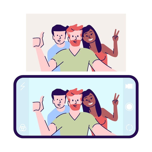 Ilustración de vector plano Selfie. Fotografía de autorretrato. Hombres, mujeres hacen autorretrato con teléfono. Amigos felices toman fotos en el personaje de dibujos animados de teléfonos inteligentes con elementos de contorno sobre fondo blanco