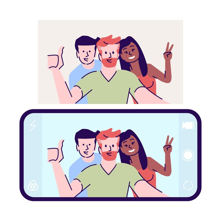 Vector ilustración de vector plano selfie. fotografía de autorretrato. hombres, mujeres hacen autorretrato con teléfono. amigos felices toman fotos en el personaje de dibujos animados de teléfonos inteligentes con elementos de contorno sobre fondo blanco