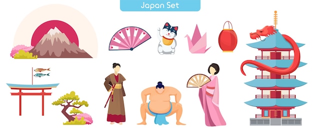 Ilustración de vector plano de símbolos japoneses. Montaña Fuji, Maneki Neko, templo con composición de pagoda. Santuario Itsukushima con luchador de sumo y geisha.