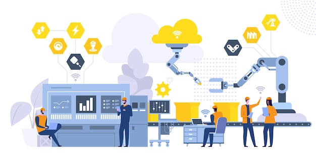 Vector ilustración de vector plano de sistema de fabricación. trabajadores de la fábrica, ingeniero que trabaja con personajes de dibujos animados de computadora. control de línea de montaje, maquinaria de alta tecnología. concepto de revolución industrial