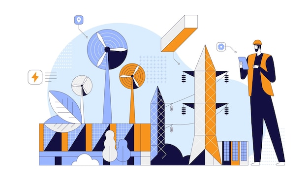 Ilustración de vector plano de sitio de construcción ecológica Edificio respetuoso con el medio ambiente Tecnología ecológica innovadora Técnicos en el proyecto de ciudad verde Personajes de dibujos animados de constructores sobre fondo blanco