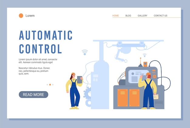 Ilustración de vector plano de sitio web de control automático de robótica de fábrica inteligente