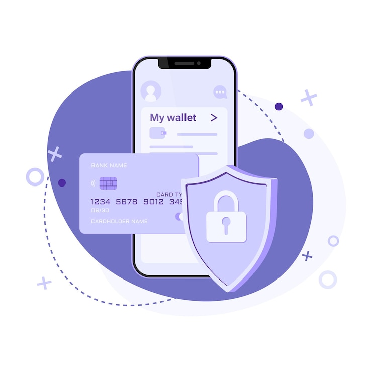 Vector ilustración de vector plano de tarjeta de crédito, escudo con candado y teléfono inteligente para el concepto de billetera segura