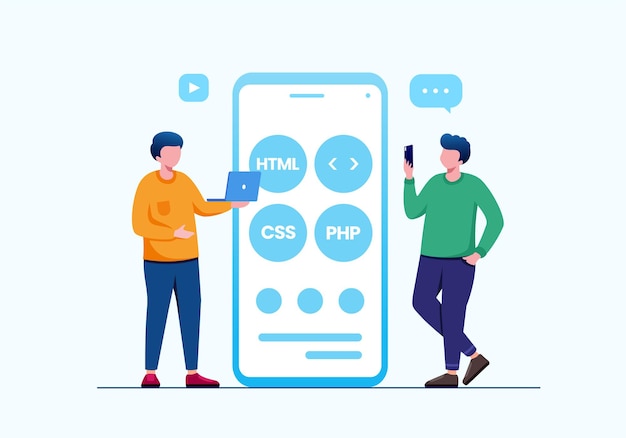 Ilustración de vector plano de tecnología de programación de desarrollador de aplicaciones móviles