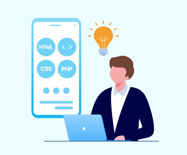 Ilustración de vector plano de tecnología de programación de desarrollador de aplicaciones móviles