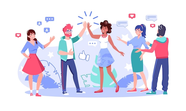 Ilustración de vector plano de usuarios de redes sociales felices