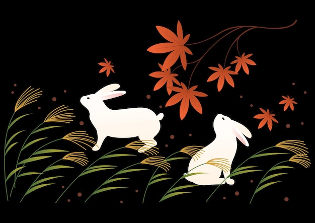 Ilustración de vector de plantas de otoño y conejos blancos