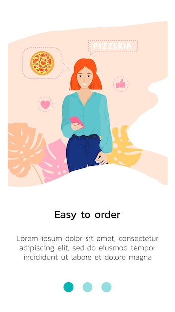 Ilustración de vector con plantilla para aplicación móvil niña con cabello rojo pide pizza en línea por teléfono Alrededor del crecimiento de monstera Parte de un conjunto para el diseño de aplicaciones en dibujos animados o estilo plano