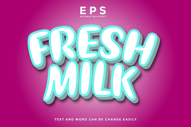 Ilustración de vector de plantilla de efecto de texto 3d de leche fresca