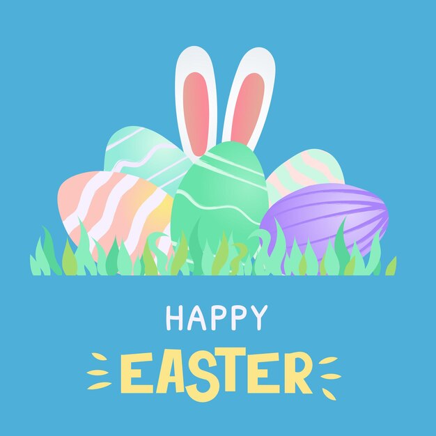 Ilustración de vector con plantilla para feliz tarjeta de felicitación de Pascua con letras y orejas de conejo. Arte de Pascua en huevos alrededor del marco. Huevos grunge en colores brillantes
