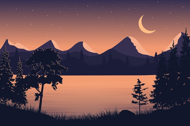 Ilustración de vector de plantilla de fondo de diseño plano de escena de naturaleza de diseño de paisaje de vista de río de noche