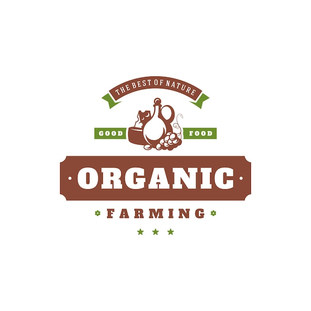 Ilustración de vector de plantilla de logotipo de mercado de granjeros logotipo de granjero o diseño de placa estilo retro de moda granja productos orgánicos naturales silueta de alimentos