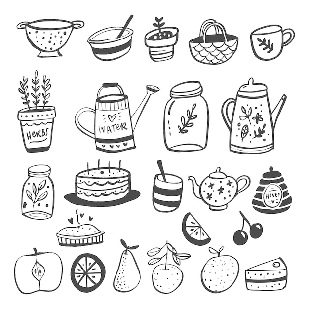 Ilustración de vector de platos y frutas en estilo de dibujos animados.