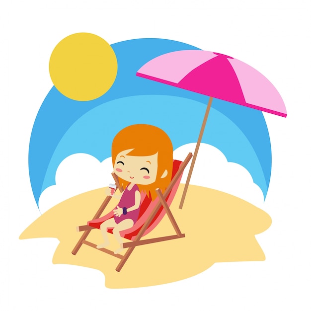 Ilustración de vector de playa de verano con lindo icono y personaje