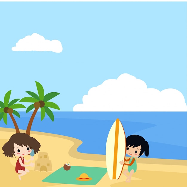 Ilustración de Vector de playa de verano con lindo icono y personaje