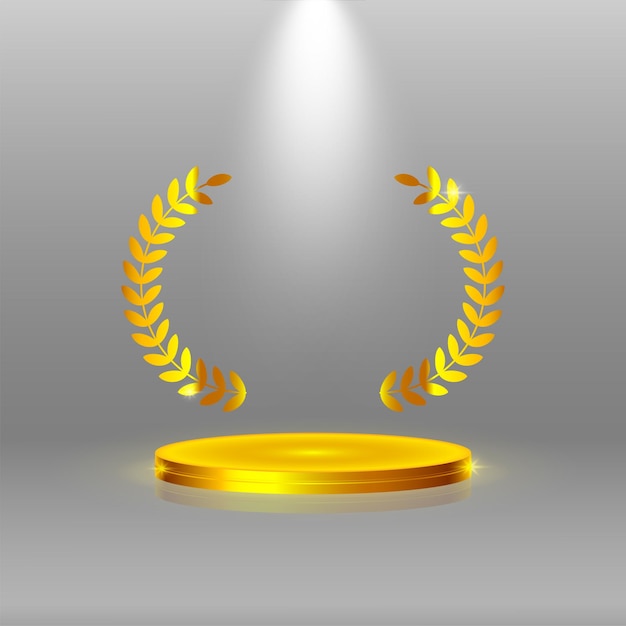 Vector ilustración de vector de podio dorado con fondo de corona de laurel